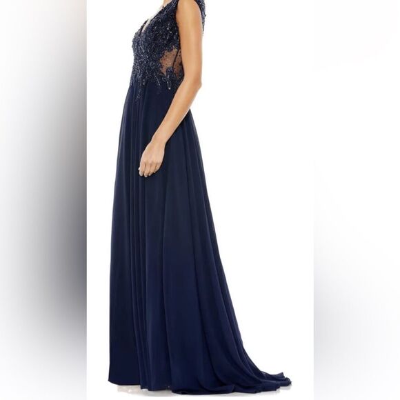 Mac Duggal 20264 Appliquéd Cap Sleeve Embellished Bodice Navy Flowy 16 NEW $598 - Picture 6 of 6